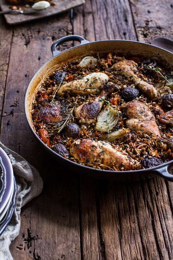 One-Pot Autumn Herb Roasted Chicken with Butter Toasted Wild Rice Pilaf |halfbakedharvest.com @hbharvest