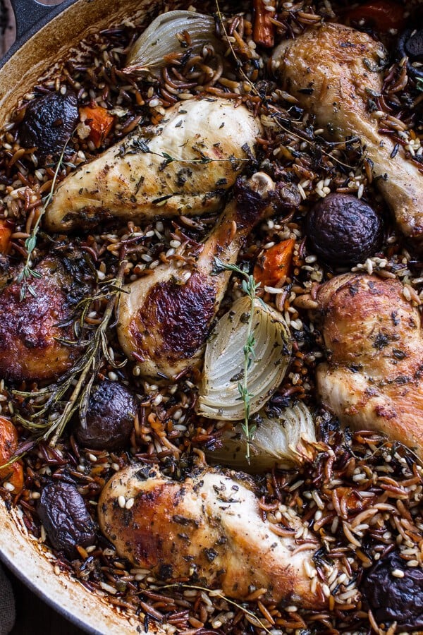 One-Pot Autumn Herb Roasted Chicken with Butter Toasted Wild Rice Pilaf |halfbakedharvest.com @hbharvest