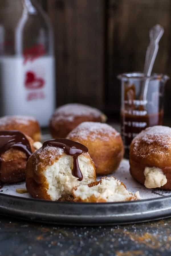 Peanut Butter Cheesecake Doughnuts with Salted Chocolate Bourbon Caramel | halfbakedharvest.com @hbharvest