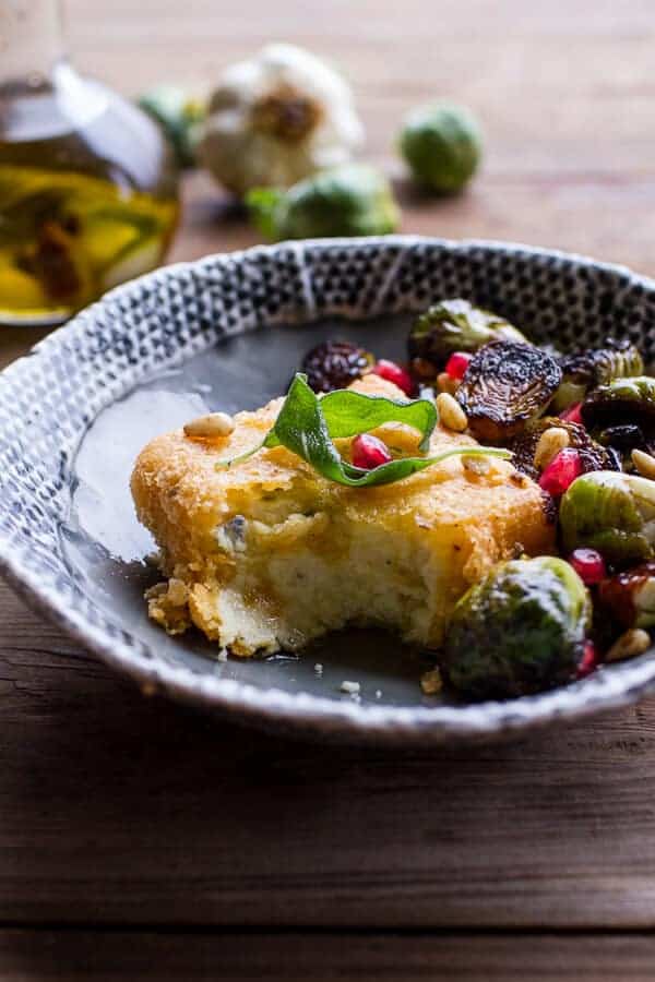 Cheesy Fried Polenta w-Pan Roasted Balsamic Brussels Sprouts + Roasted Garlic Sage Oil | halfbakedharvest.com @hbharvest