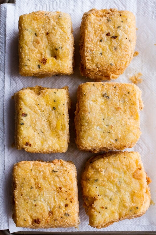 Cheesy Fried Polenta w-Pan Roasted Balsamic Brussels Sprouts + Roasted Garlic Sage Oil | halfbakedharvest.com @hbharvest
