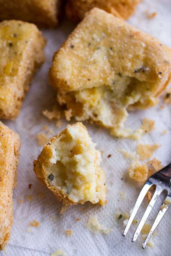 Cheesy Fried Polenta w-Pan Roasted Balsamic Brussels Sprouts + Roasted Garlic Sage Oil | halfbakedharvest.com @hbharvest