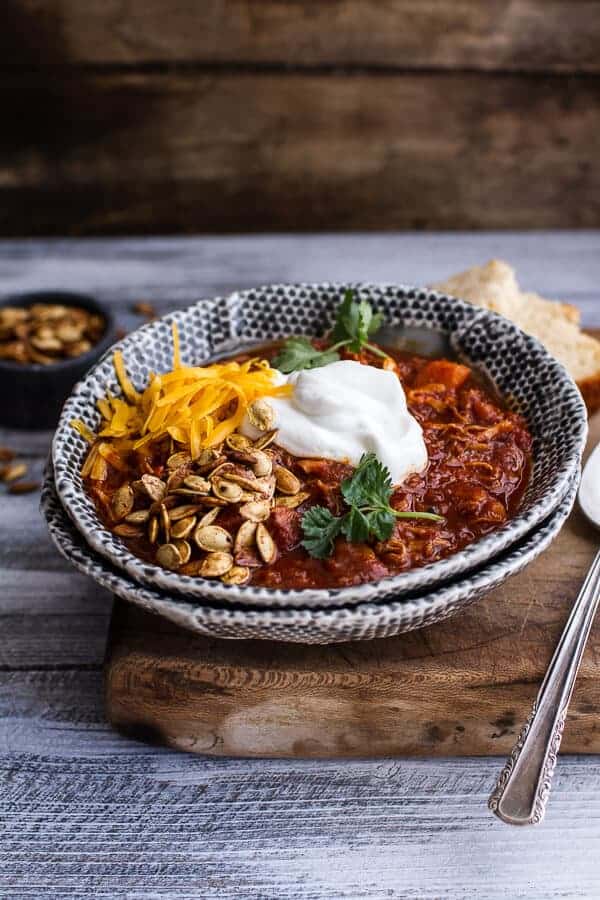 Crockpot Chipotle Pulled Pork Pumpkin Chili w-Cinnamon Roasted Pumpkin Seeds | halfbakedharvest.com @hbharvest