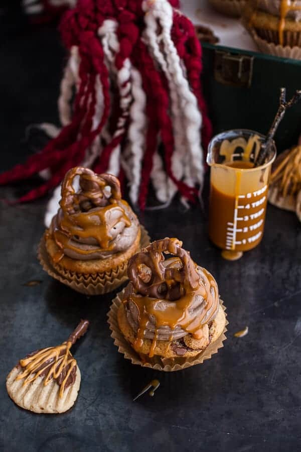 Death By Butterbeer Cupcakes w/Treacle Butter Frosting + Chocolate Covered Pretzels | halfbakedharvest.com @hbharvest