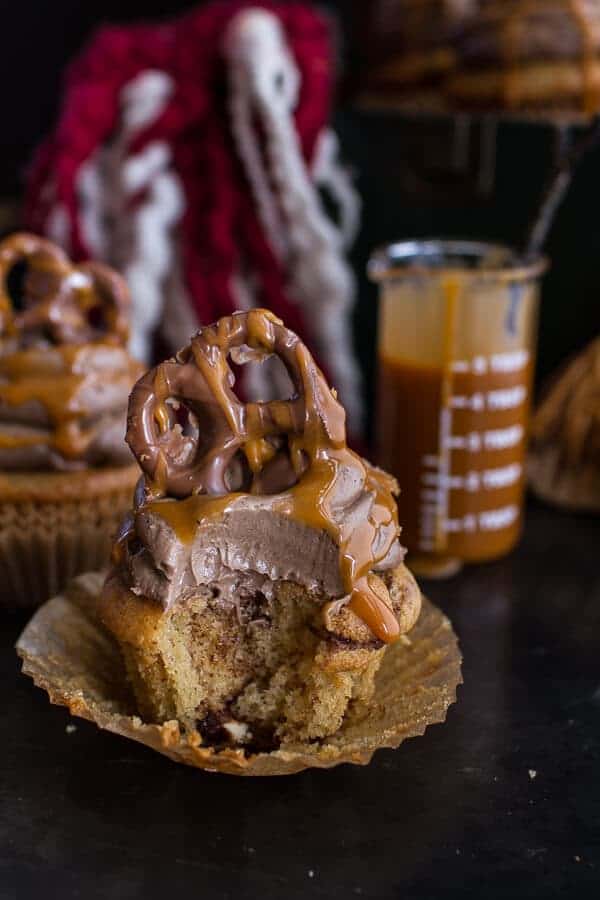Death By Butterbeer Cupcakes w/Treacle Butter Frosting + Chocolate Covered Pretzels | halfbakedharvest.com @hbharvest
