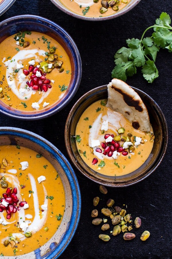 Moroccan Butternut Squash and Goat Cheese Soup w-Coconut Ginger Cream + Pistachios |halfbakedharvest.com @hbharvest