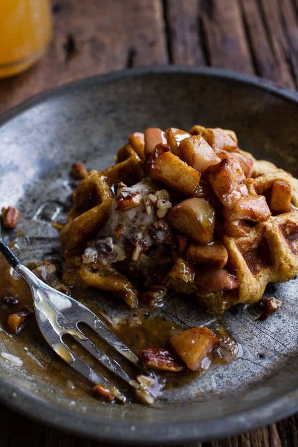 Overnight Cider Pumpkin Waffles w/Toasted Pecan Butter, Cider Syrup + Spiced Apples | halfbakedharvest.com @hbharvest