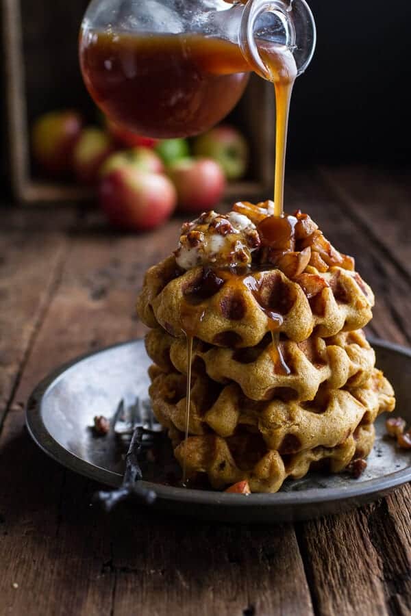 Overnight Cider Pumpkin Waffles w/Toasted Pecan Butter, Cider Syrup + Spiced Apples | halfbakedharvest.com @hbharvest