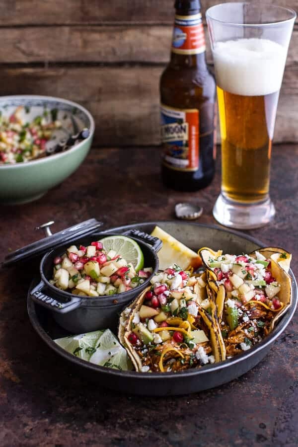Spicy Cider Beer Braised Chicken Enchilada Tacos w-Sweet Chili Apple-Pomegranate Salsa | halfbakedharvest.com @hbharvest