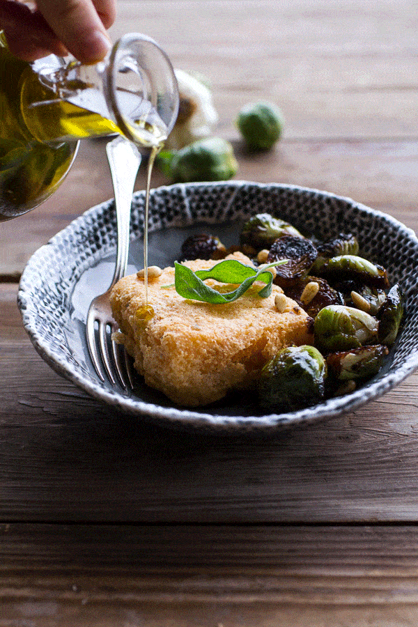 Cheesy Fried Polenta w-Pan Roasted Balsamic Brussels Sprouts + Roasted Garlic Sage Oil | halfbakedharvest.com @hbharvest