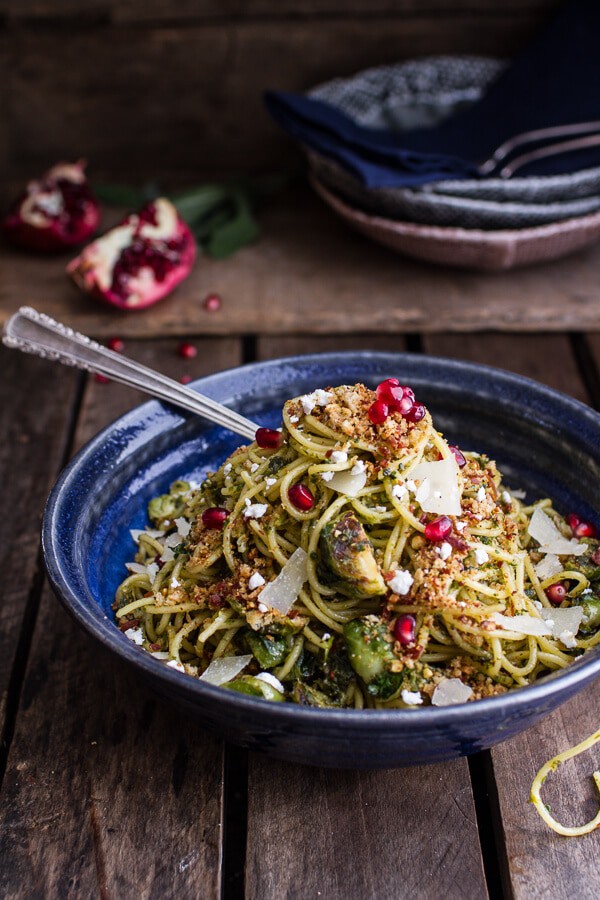 Manchego Brussels Sprout + Prosciutto Spaghetti w/Brown Butter Pistachio Pangrattato | halfbakedharvest.com @hbharvest