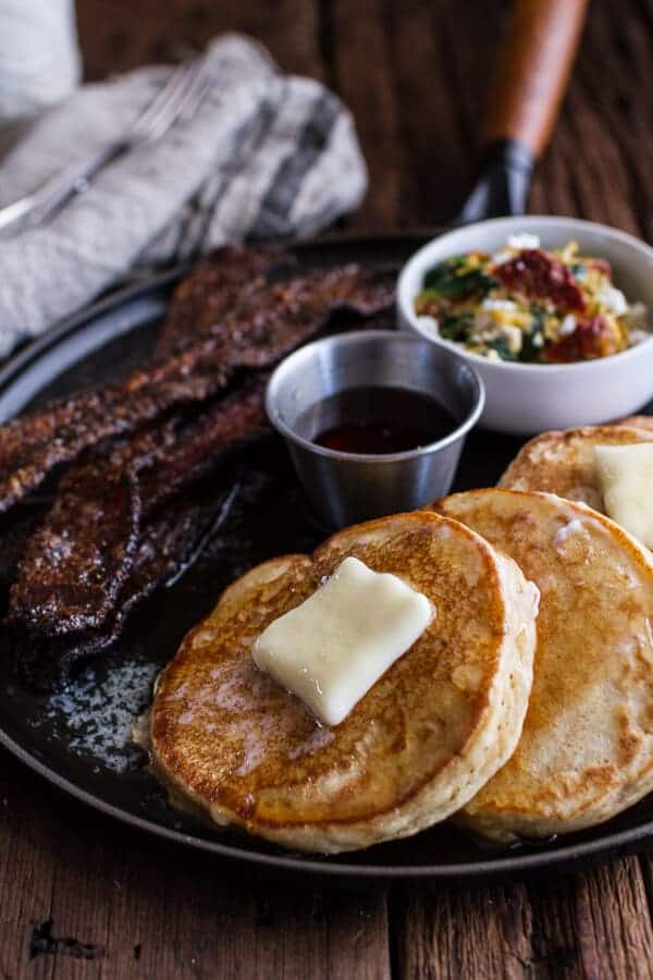 Breakfast for Dinner w/Buttermilk Ricotta Pancakes with Maple Candied Bacon + Eggs | halfbakedharvest.com @hbharvest