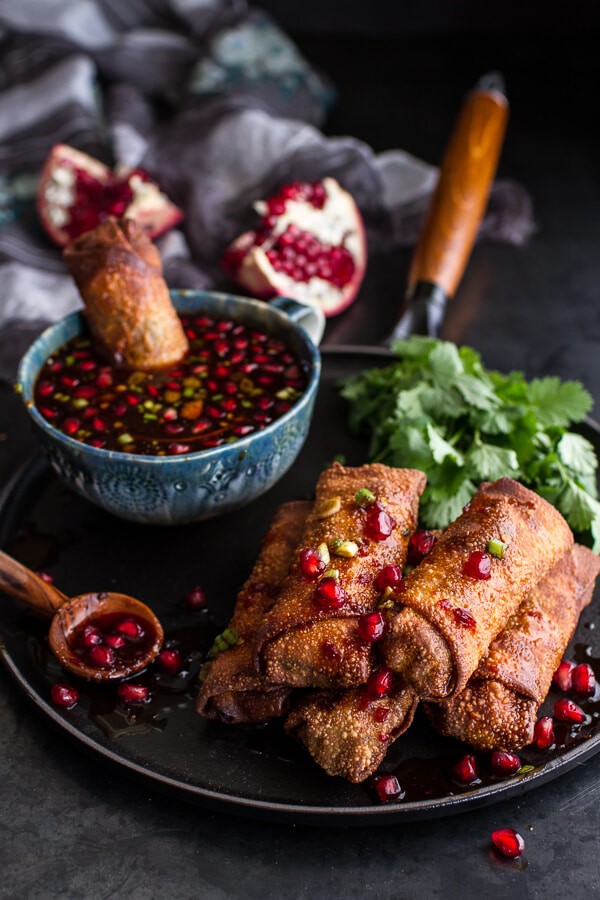Chinese Chicken and Brussels Sprouts Egg Rolls with Sweet Chile Pomegranate Sauce | halfbakedharvest.com @hbharvest