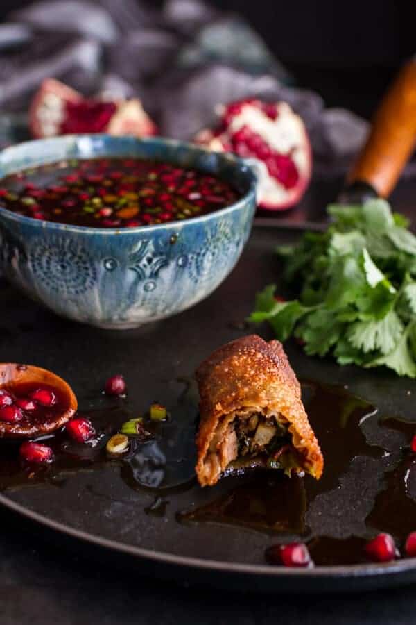 Chinese Chicken and Brussels Sprouts Egg Rolls with Sweet Chile Pomegranate Sauce | halfbakedharvest.com @hbharvest
