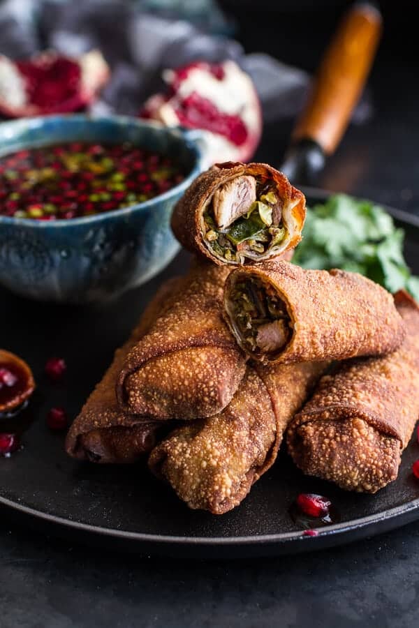 Chinese Chicken and Brussels Sprouts Egg Rolls with Sweet Chile Pomegranate Sauce | halfbakedharvest.com @hbharvest