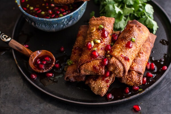 Chinese Chicken and Brussels Sprouts Egg Rolls with Sweet Chile Pomegranate Sauce | halfbakedharvest.com @hbharvest