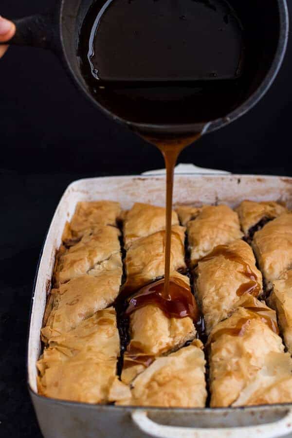 Chocolate “Candy Bar” Baklava with Butter Rum Sauce | halfbakedharvest.com @hbharvest