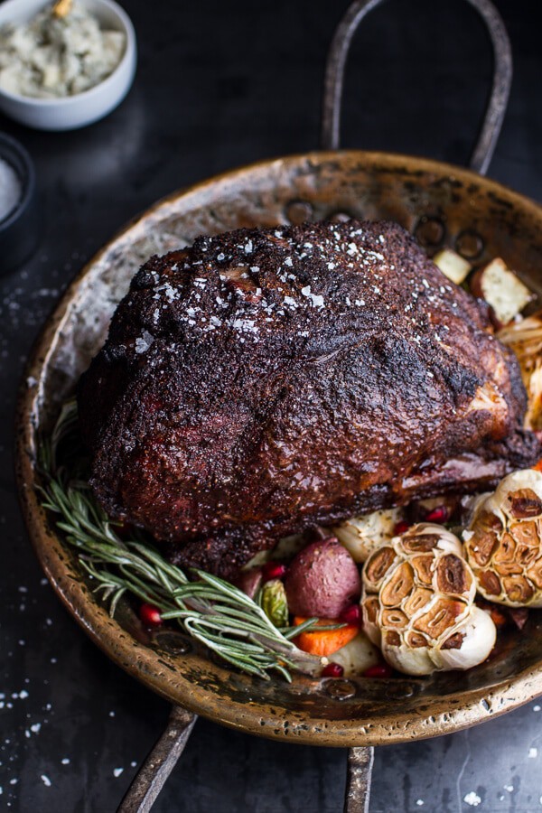 Coffee Rubbed Prime Rib Roast with Roasted Garlic Gorgonzola Butter | halfbakedharvest.com @hbharvest