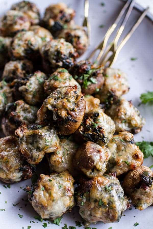Spicy Fontina Spinach, Artichoke and Chorizo Stuffed Mushrooms | halfbakedharvest.com @hbharvest