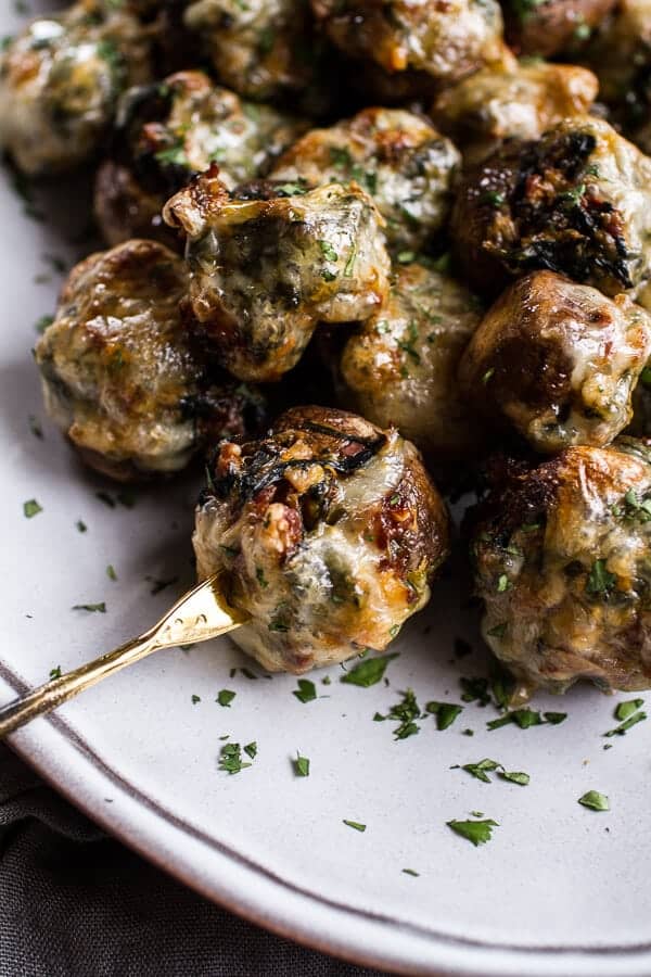 Spicy Fontina Spinach, Artichoke and Chorizo Stuffed Mushrooms | halfbakedharvest.com @hbharvest