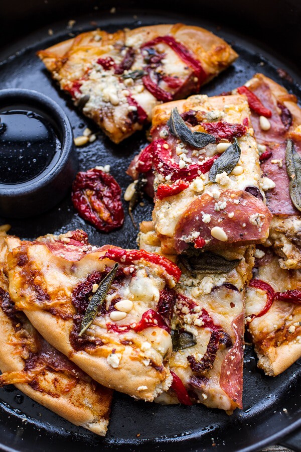 Sun-Dried Tomato and Olive Pesto Pizza with Salami + Roasted Red Peppers | halfbakedharvest.com @hbharvest