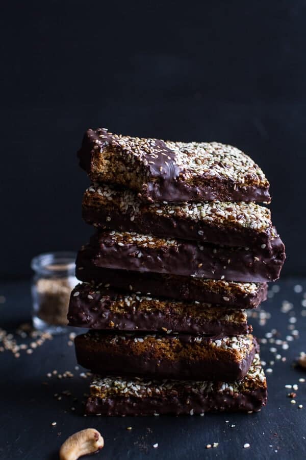 Dark Chocolate Dipped Crunchy Coconut Cashew Sesame Bars | halfbakedharvest.com @hbharvest