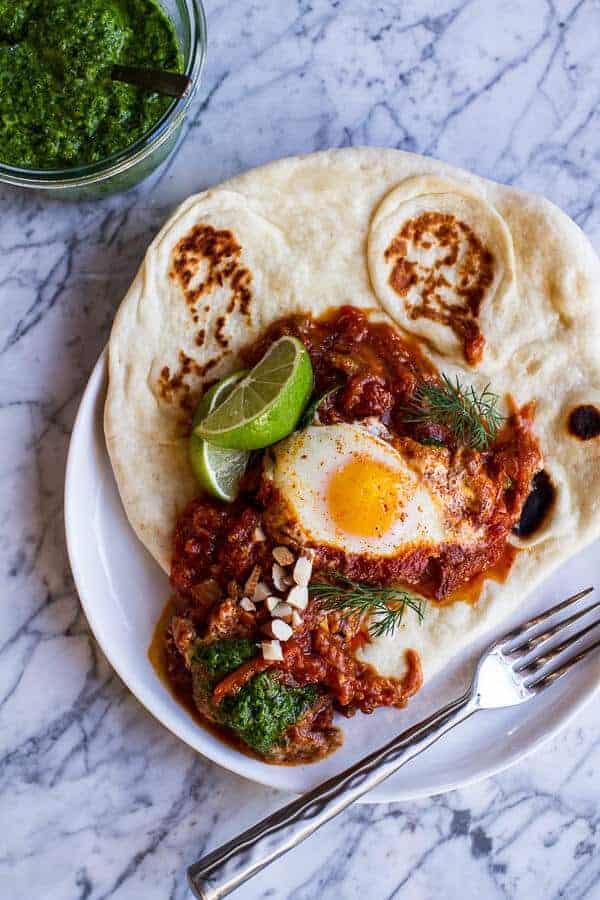 Indian Style Baked Eggs with Green Harissa + Naan | halfbakedharvest.com @hbharvest