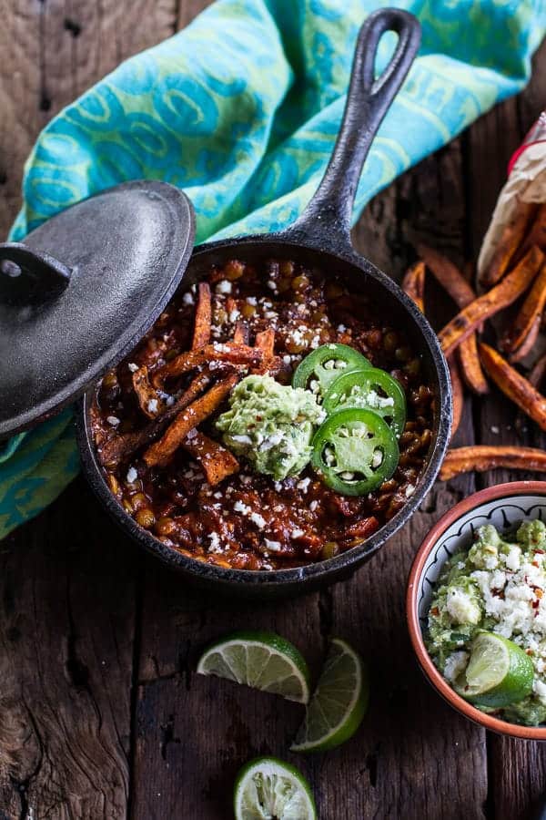 Spicy Black Bean and Lentil Chili with Cotija Guacamole + Chipotle Sweet Potato Fries | halfbakedharvest.com @hbharvest