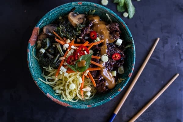 Vietnamese Lemongrass Beef and Spaghetti Squash Noodle Bowls with Peanut Sauce | halfbakedharvest.com @hbharvest