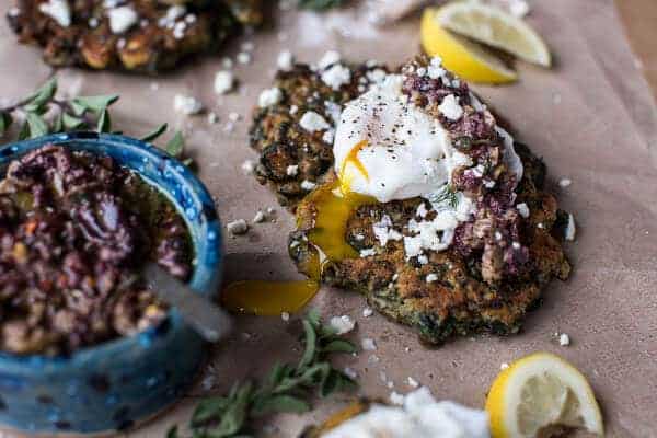 Greek Feta Chickpea Pancake Fritters with Poached Eggs + Olive Tapenade | halfbakedharvest.com @hbharvest