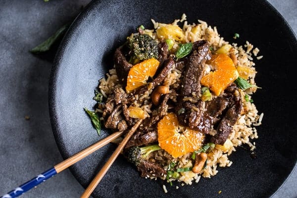 Orange Teriyaki Beef with Pineapple Edamame Fried Rice | halfbakedharvest.com @hbharvest