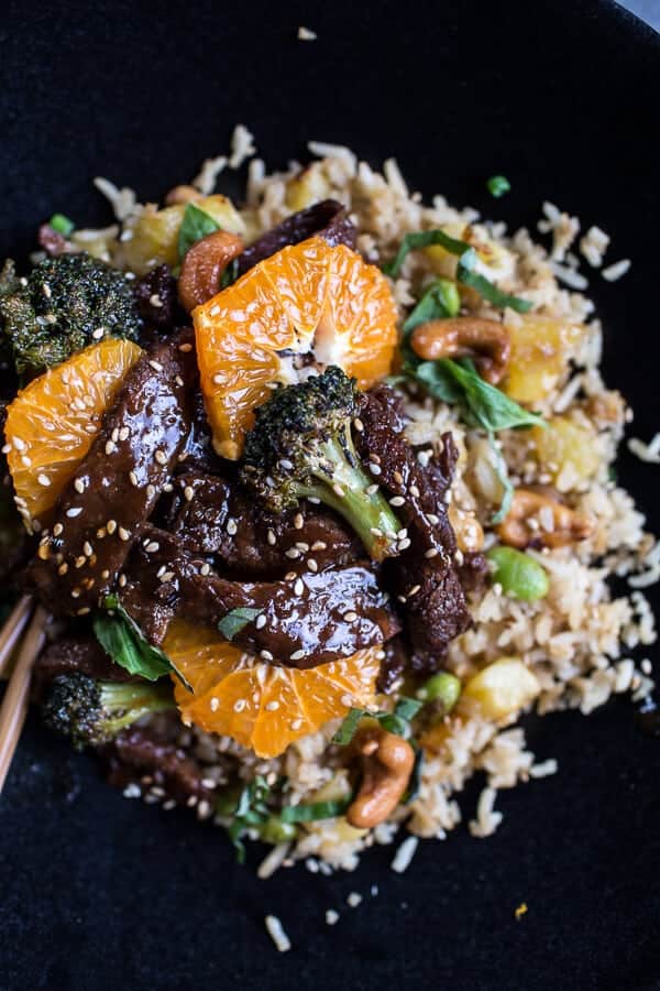 Orange Teriyaki Beef with Pineapple Edamame Fried Rice | halfbakedharvest.com @hbharvest