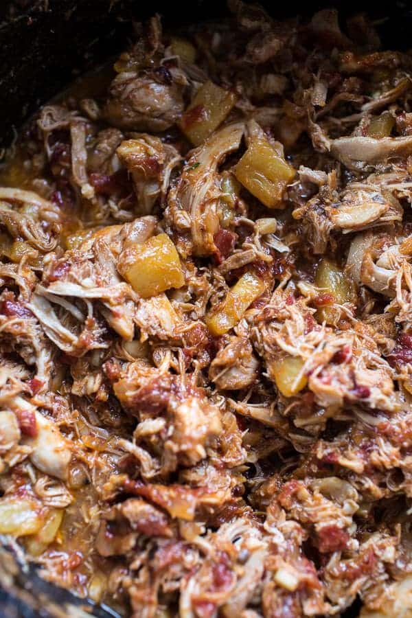 Pineapple Chicken Tinga Quesadilla Tostadas with Tequila Lime Pickled Jalapeño's | halfbakedharvest.com @hbharvest