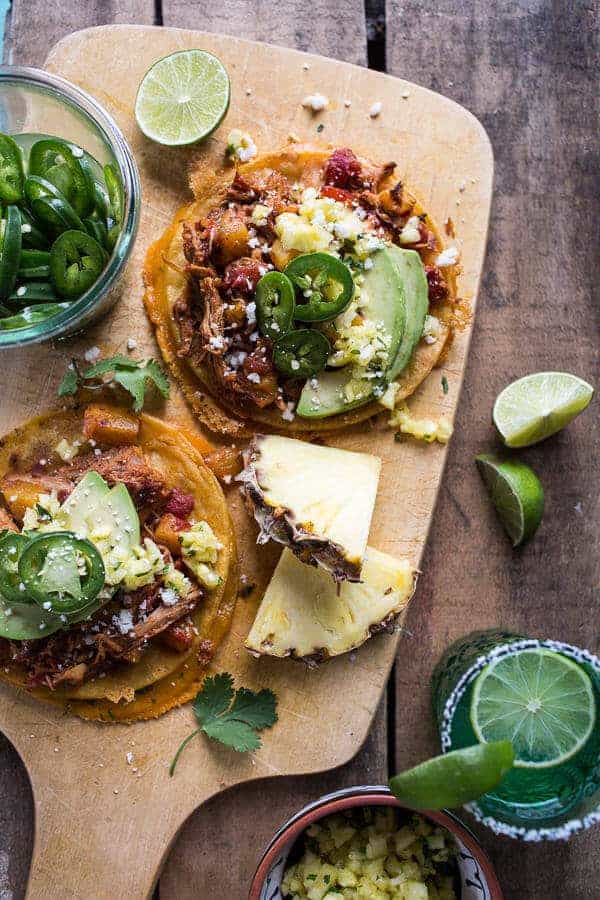 Pineapple Chicken Tinga Quesadilla Tostadas with Tequila Lime Pickled Jalapeño's | halfbakedharvest.com @hbharvest