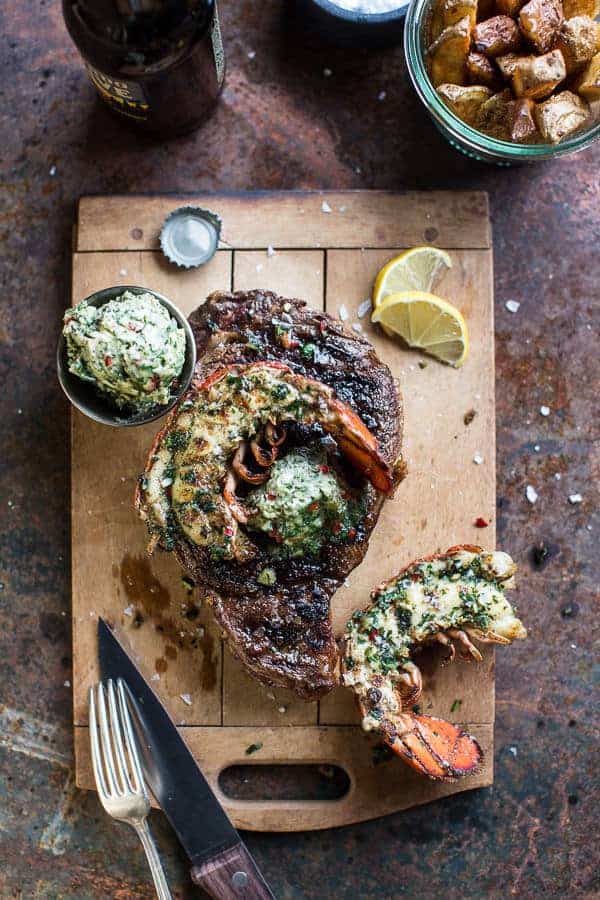 Surf and Turf- Steak and Lobster with Spicy Roasted Garlic Chimichurri Butter | halfbakedharvest.com @hbharvest