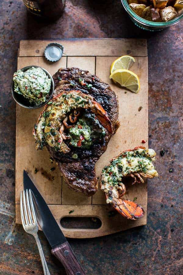 Surf and Turf- Steak and Lobster with Spicy Roasted Garlic Chimichurri Butter | halfbakedharvest.com @hbharvest