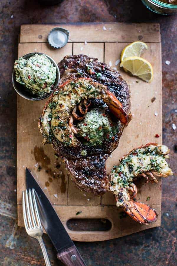 Surf and Turf- Steak and Lobster with Spicy Roasted Garlic Chimichurri Butter | halfbakedharvest.com @hbharvest