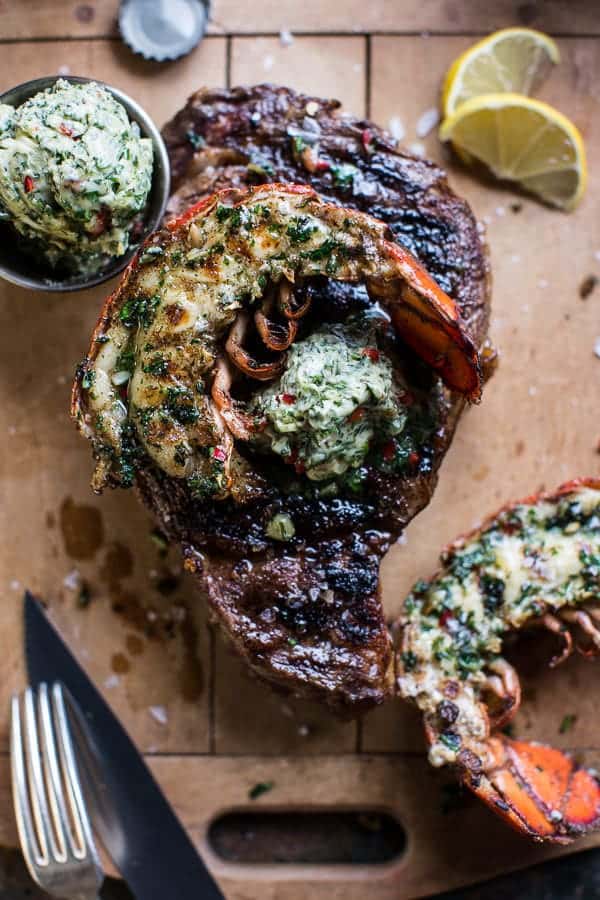 Surf and Turf- Steak and Lobster with Spicy Roasted Garlic Chimichurri Butter | halfbakedharvest.com @hbharvest