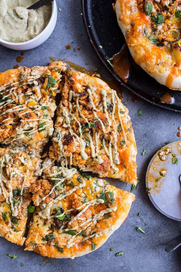 Buffalo Roasted Cauliflower Pizza with Chipotle Blue Cheese Avocado Drizzle | halfbakedharvest.com @hbharvest