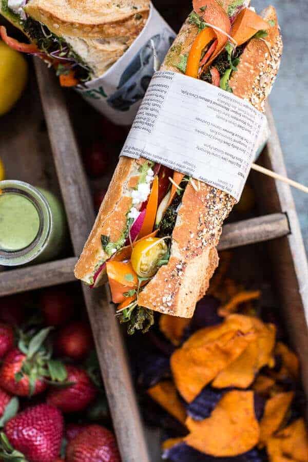 California Rainbow Veggie Sub with Goddess Dressing + Chipotle BBQ Ranch Kale Chips | halfbakedharvest.com @hbharvest