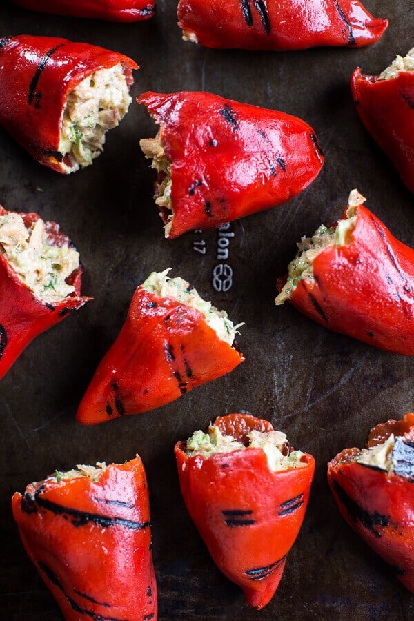 Cheesy Avocado Crab Stuffed Piquillo Pepper Ciabatta Pizzette’s with Sriracha Aioli | halfbakedharvest.com @hbharvest