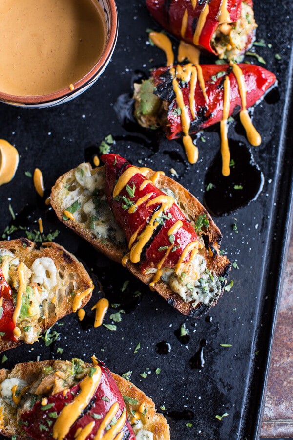 Cheesy Avocado Crab Stuffed Piquillo Pepper Ciabatta Pizzette’s with Sriracha Aioli | halfbakedharvest.com @hbharvest
