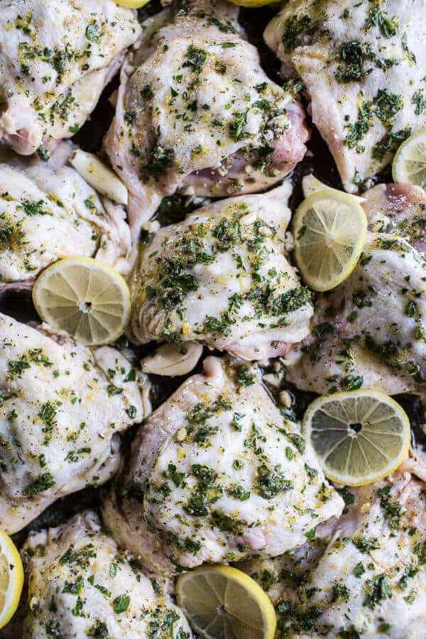 Garlic Butter Roasted Chicken Thighs with Charred Lemon Salsa Verde + Asparagus | halfbakedharvest.com @hbharvest