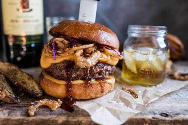 Jameson Whiskey Blue Cheese Burger with Guinness Cheese Sauce + Crispy Onions | halfbakedharvest.com @hbharvest