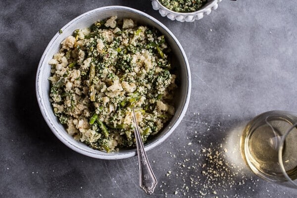 Quick Cauliflower “Risotto” with Asparagus + Cilantro-Basil Hemp Seed Pesto | halfbakedharvest.com @hbharvest