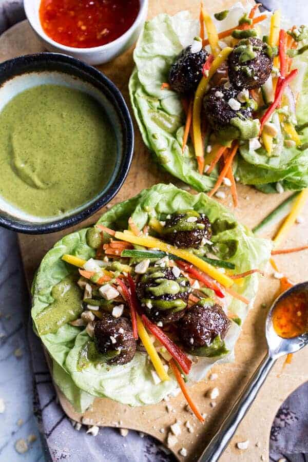 Vietnamese Meatball Lettuce Wraps with Mango Salad + Cilantro-Basil Cashew Sauce | halfbakedharvest.com @hbharvest