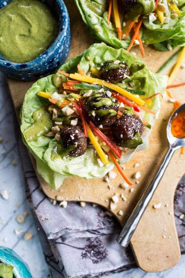 Vietnamese Meatball Lettuce Wraps with Mango Salad + Cilantro-Basil Cashew Sauce | halfbakedharvest.com @hbharvest