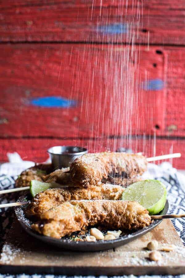 Banana Fritters On a Stick with Peanut Sugar + Mexican Chocolate Sauce | halfbakedharvest.com @hbharvest