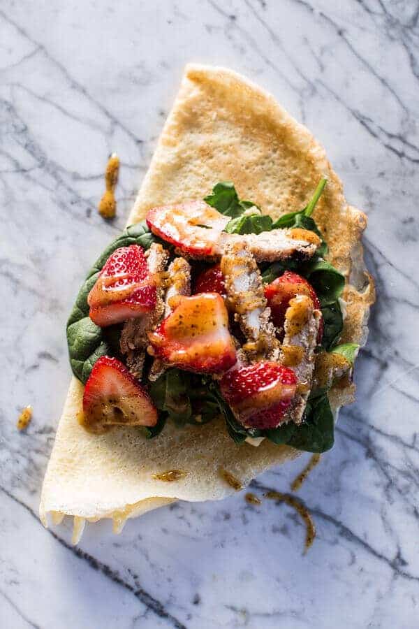 Honey Mustard Pretzel Crusted Chicken and Brie Crepes with Strawberry Basil Salsa | halfbakedharvest.com @hbharvest