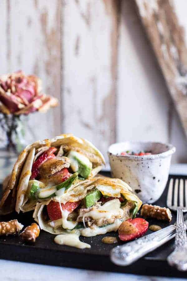 Honey Mustard Pretzel Crusted Chicken and Brie Crepes with Strawberry Basil Salsa | halfbakedharvest.com @hbharvest